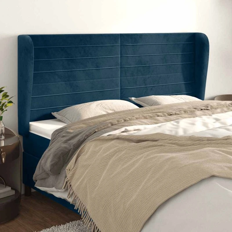 vidaXL Sengegavl med Kanter 183x23x118/128 cm, Mørkeblå Fløjl