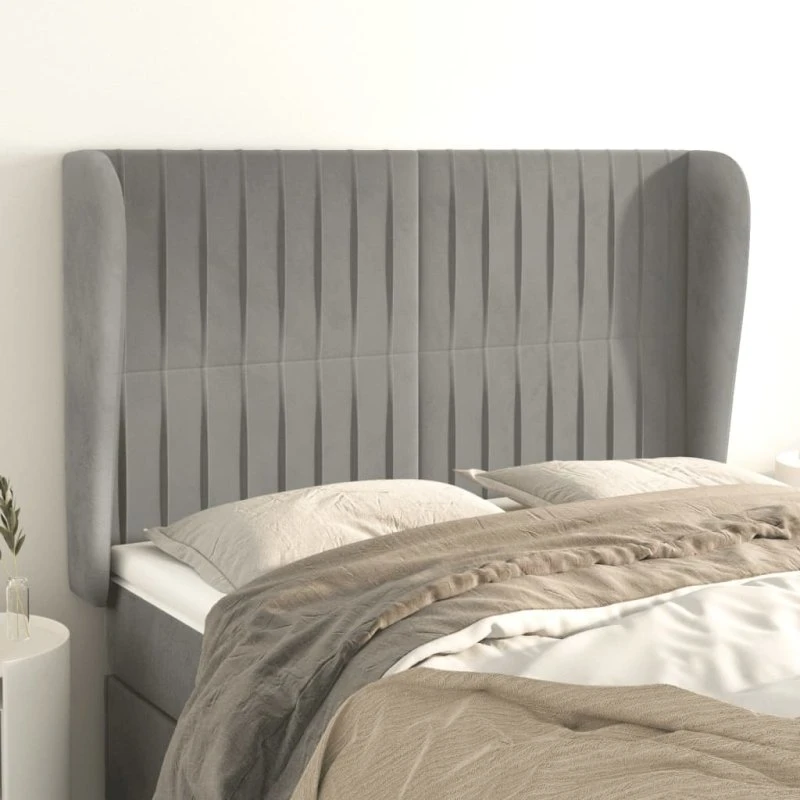 vidaXL Sengegavl med Kanter 147x23x118/128 cm Lysegrå Fløjl