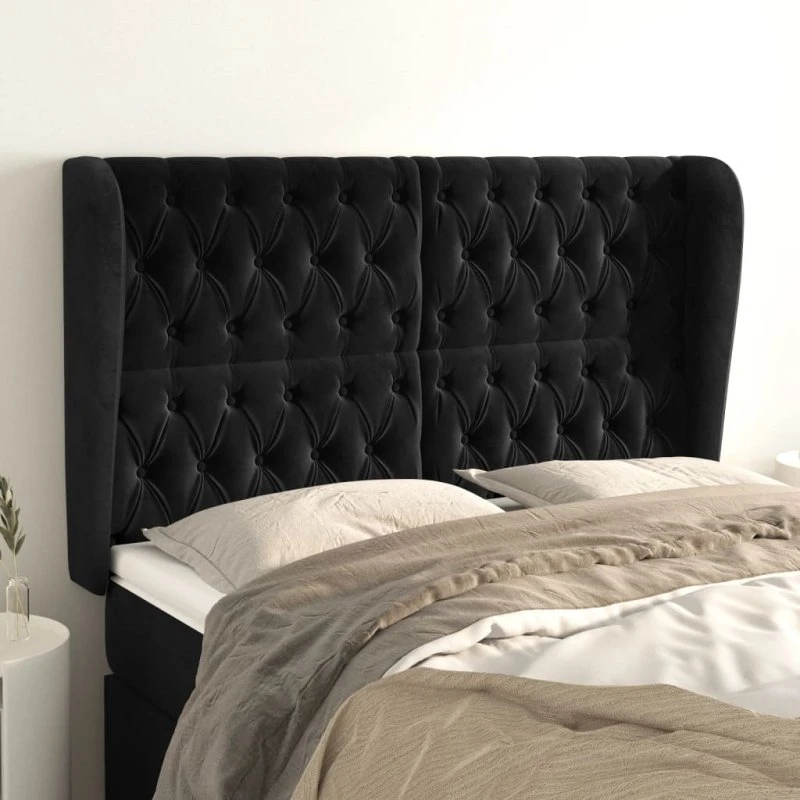 vidaXL Sengegavl med Kanter 147x23x118/128 cm, Sort, Fløjl