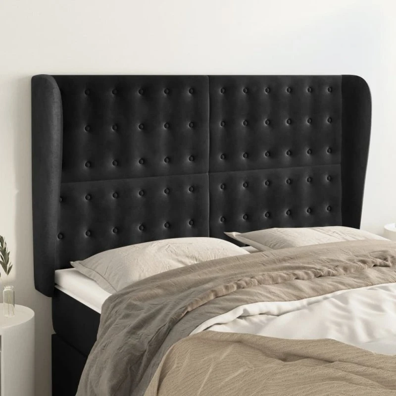 vidaXL Sengegavl med Kanter 147x23x118/128 cm, Sort, Fløjl