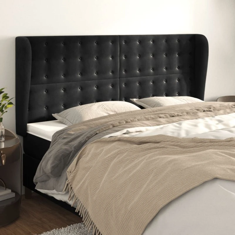 vidaXL Sengegavl med Kanter 203x23x118/128 cm, Sort, Fløjl