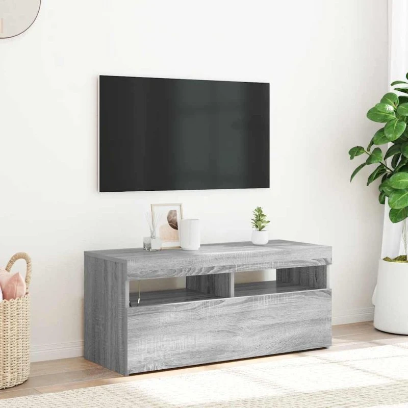 vidaXL tv-bord med LED-lys 90x35x40 cm grå sonoma-eg
