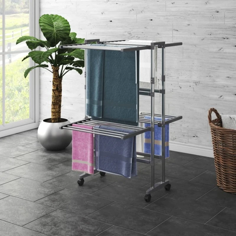 vidaXL tørrestativ 2 niveauer med hjul 60x70x106 cm sølv