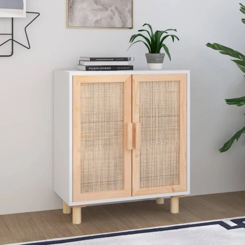 vidaXL Skænk 60x30x70 cm massivt fyrretræ og rattan hvid