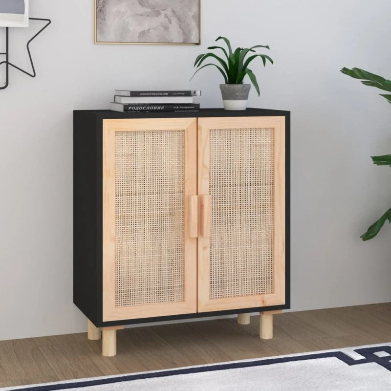 vidaXL Skænk 60x30x70 cm massivt fyrretræ og rattan sort
