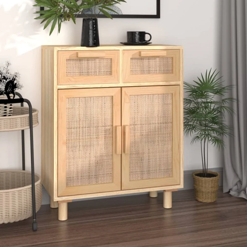 vidaXL Skænk 60x30x75 cm massivt fyrretræ og naturlig rattan brun