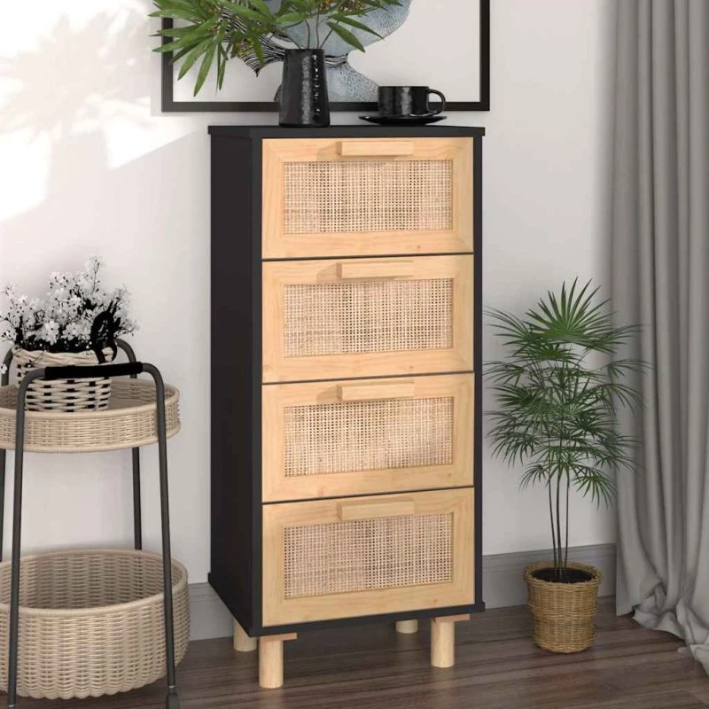 vidaXL Skænk 40x30x90 cm massivt fyrretræ og rattan, sort
