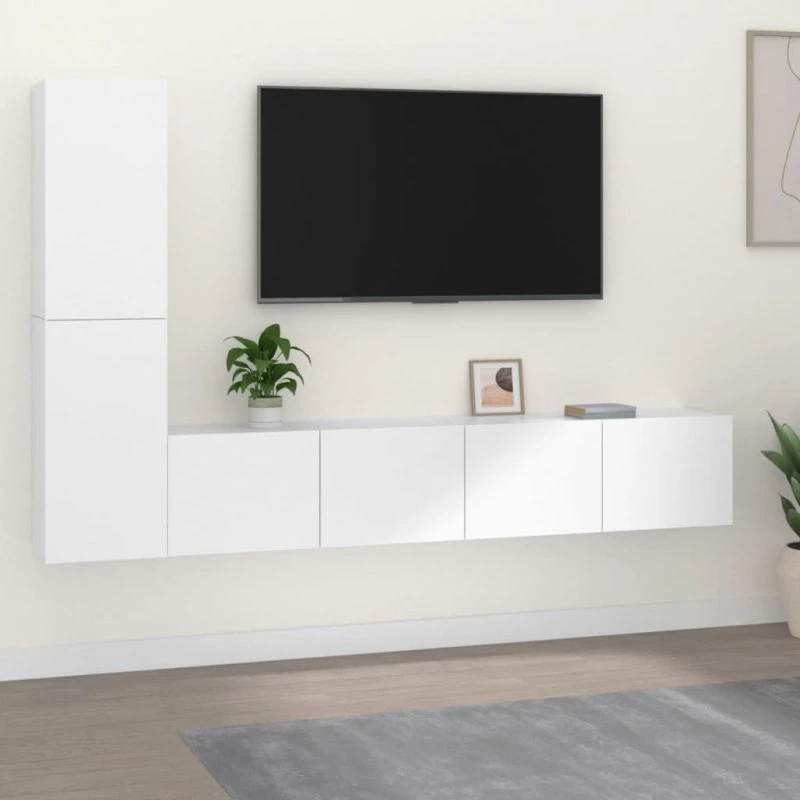 Tv-Skabssæt 4 Dele Hvid Konstrueret Træ 3/100 cm