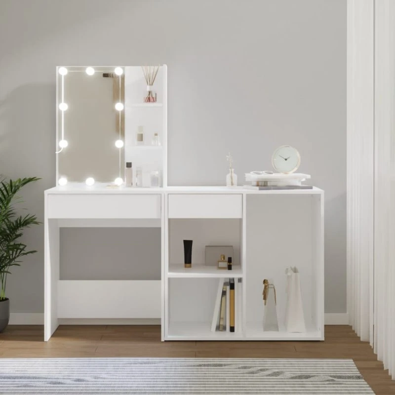 vidaXL Makeupbord med LED-lys og skab i konstrueret træ, hvid