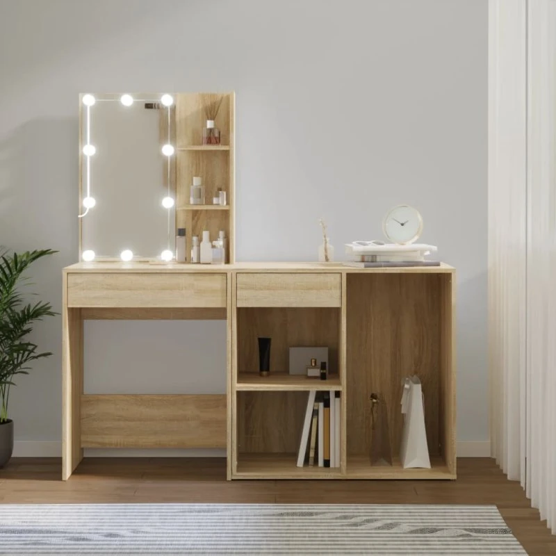 vidaXL Makeupbord med LED-lys og skab, Sonoma-eg