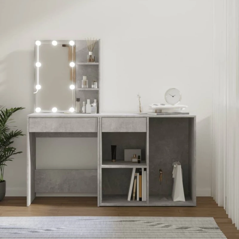 vidaXL Makeupbord med LED-lys og skab, betongrå, konstrueret træ