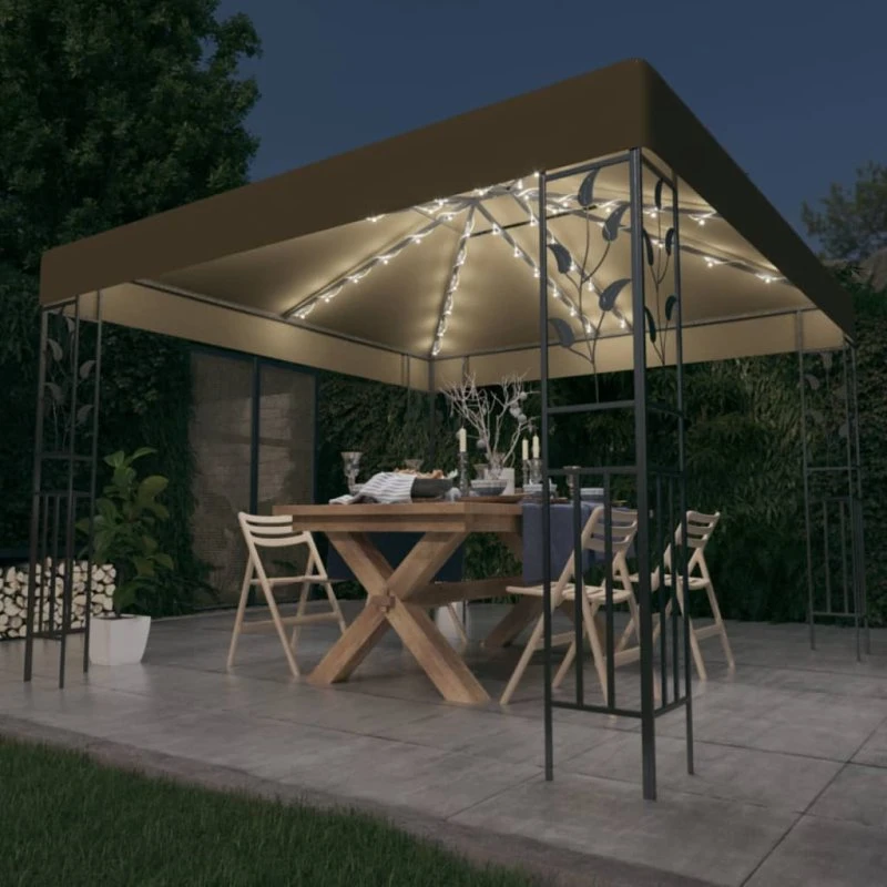 vidaXL Pavillon med LED-lyskæder 3x3 m gråbrun