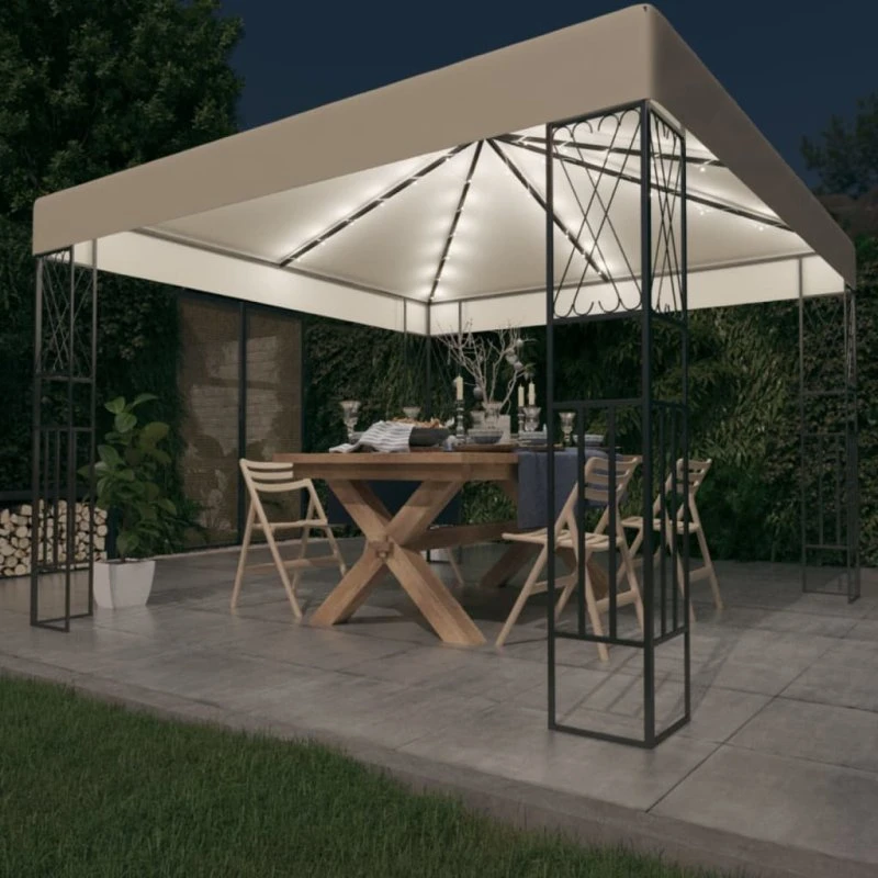 vidaXL Pavillon 3x3 m med LED-lyskæder, cremefarvet
