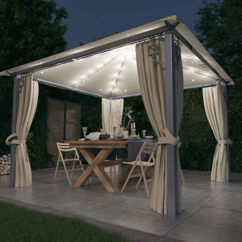 vidaXL 3x3 m pavillon med gardin + LED-lyskæder, cremefarvet aluminium