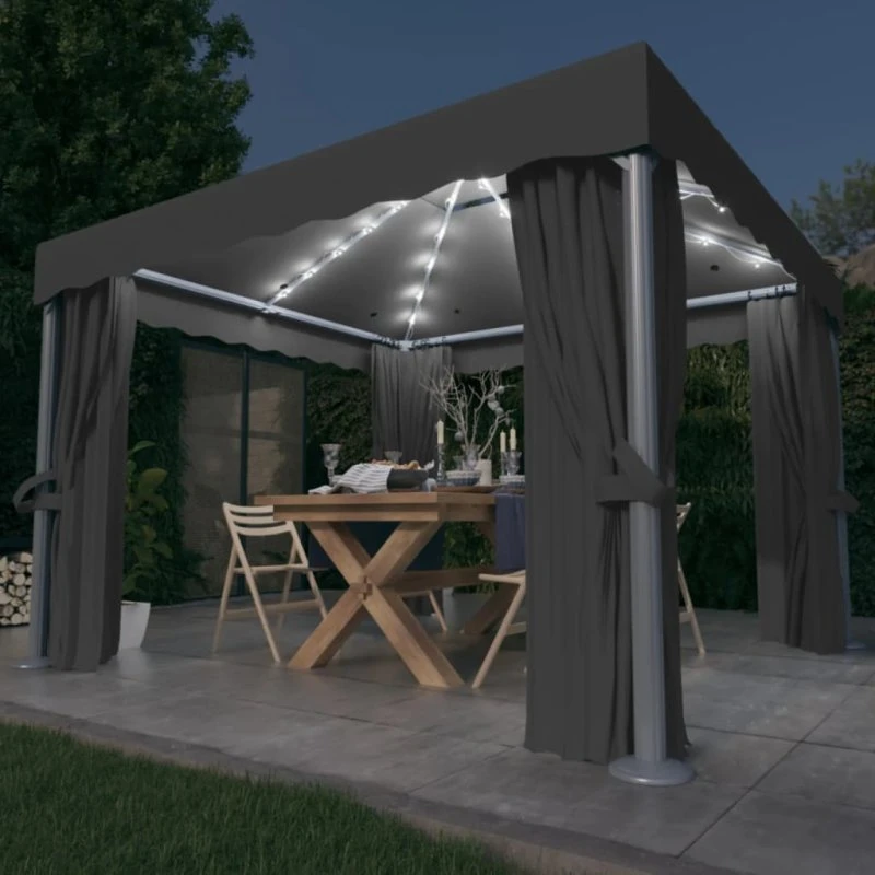 vidaXL pavillon 3x3 m antracitgrå med gardin og LED-lyskæder
