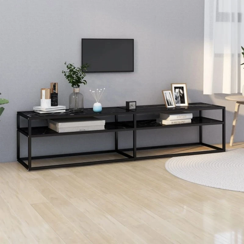 vidaXL tv-bord 180x40x40,5 cm hærdet glas marmoreffekt sort