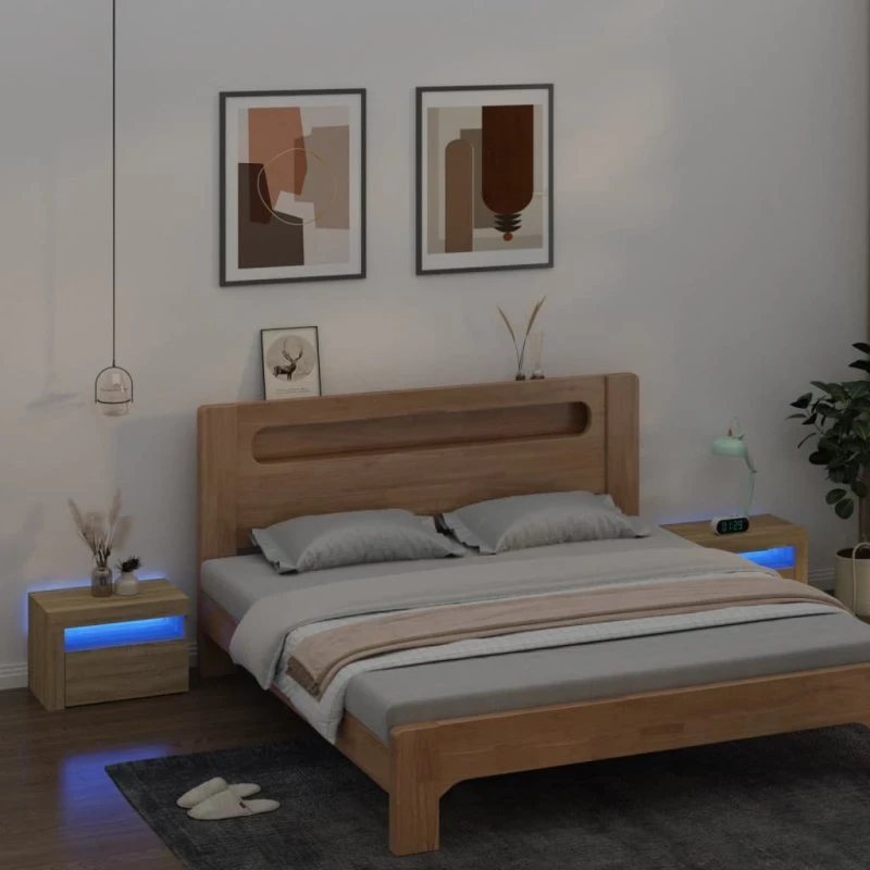 vidaXL Sengeborde med LED-lys 2 stk. 60x35x40 cm Sonoma-eg
