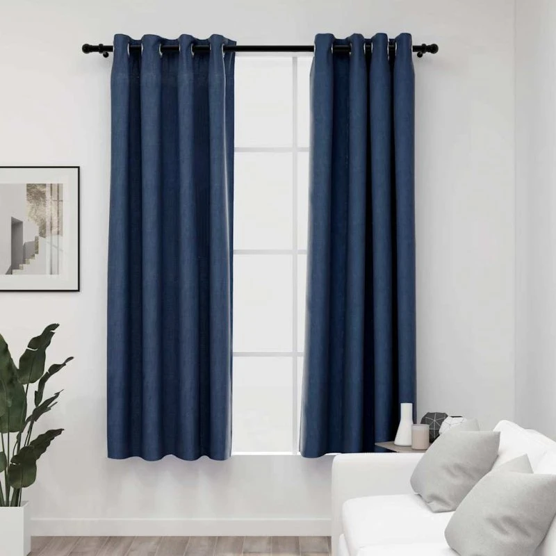 vidaXL Mørklægningsgardiner med Øjer 140x175 cm Blå Hør-Look
