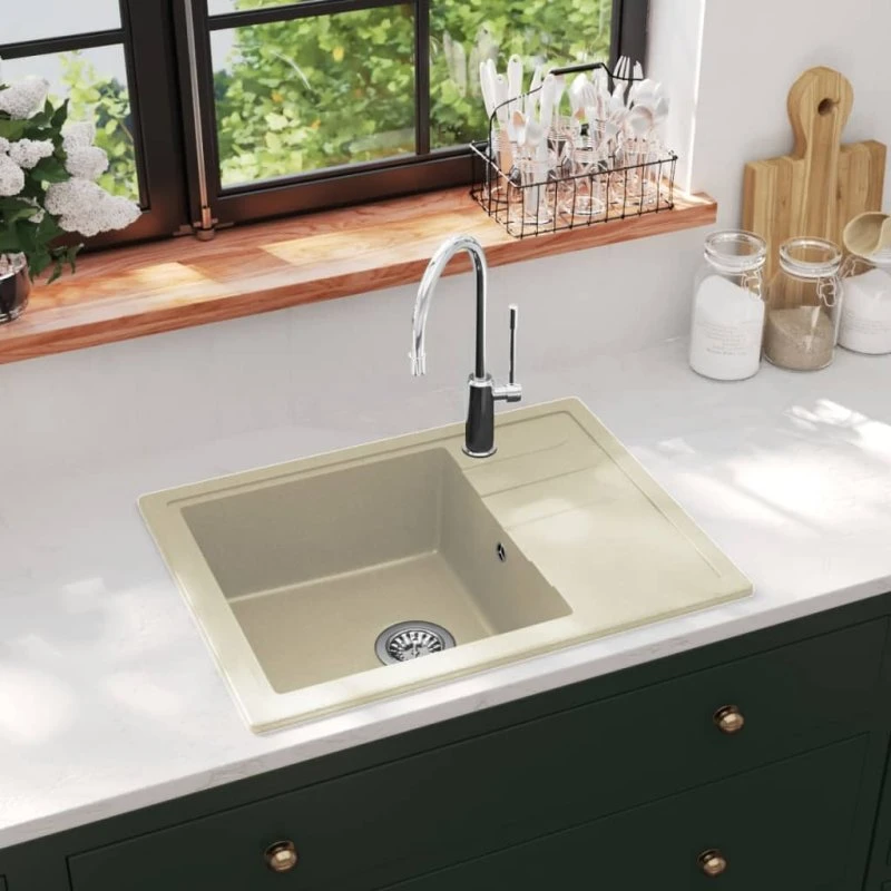 vidaXL Køkkenvask med Overløbshul, Oval, Granit, Beige