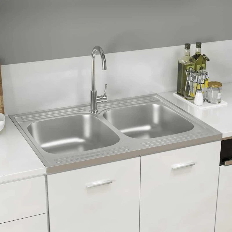 vidaXL Køkkenvask 2 Bassiner 800x600 mm Rustfrit Stål Sølv
