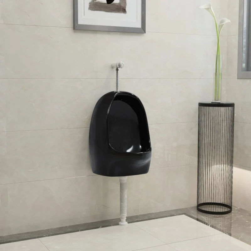 vidaXL væghængt urinal med skylleventil, keramisk sort