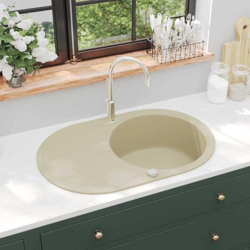 vidaXL Granitkøkkenvask Oval Beige, Enkelt, Ekstra Dyb
