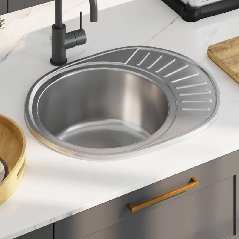 vidaXL oval køkkenvask med strainer og vandlås, rustfrit stål, 570x450 mm