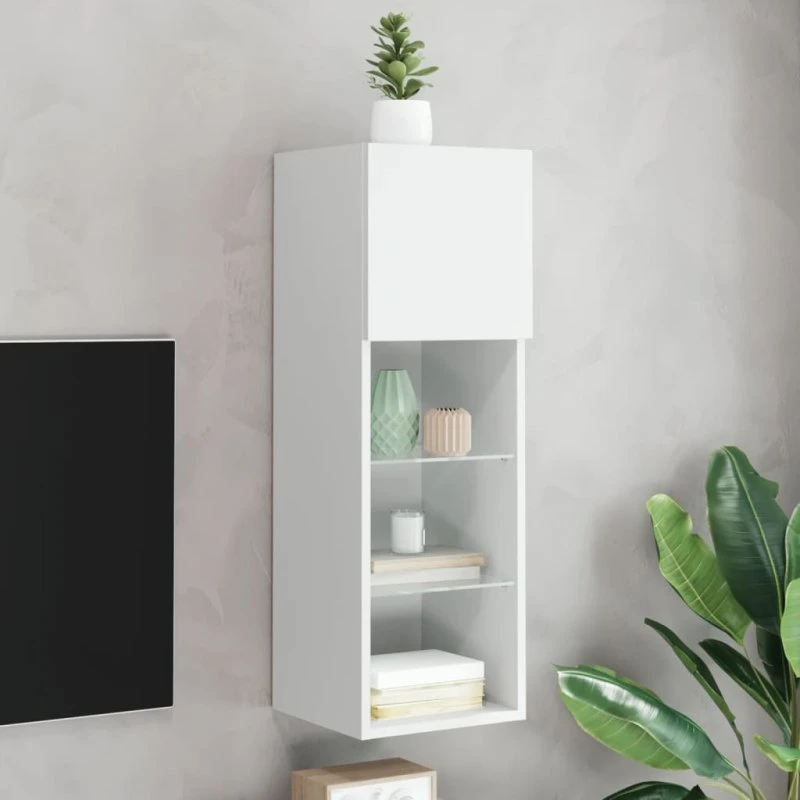 Hvid tv-bord med LED-lys 30,5 x 90 cm