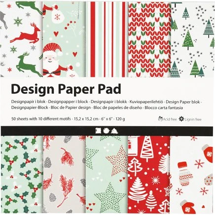 Designpapir i blok 15,2x15,2 cm, 120 g, grøn, rød, hvid, 50 ark