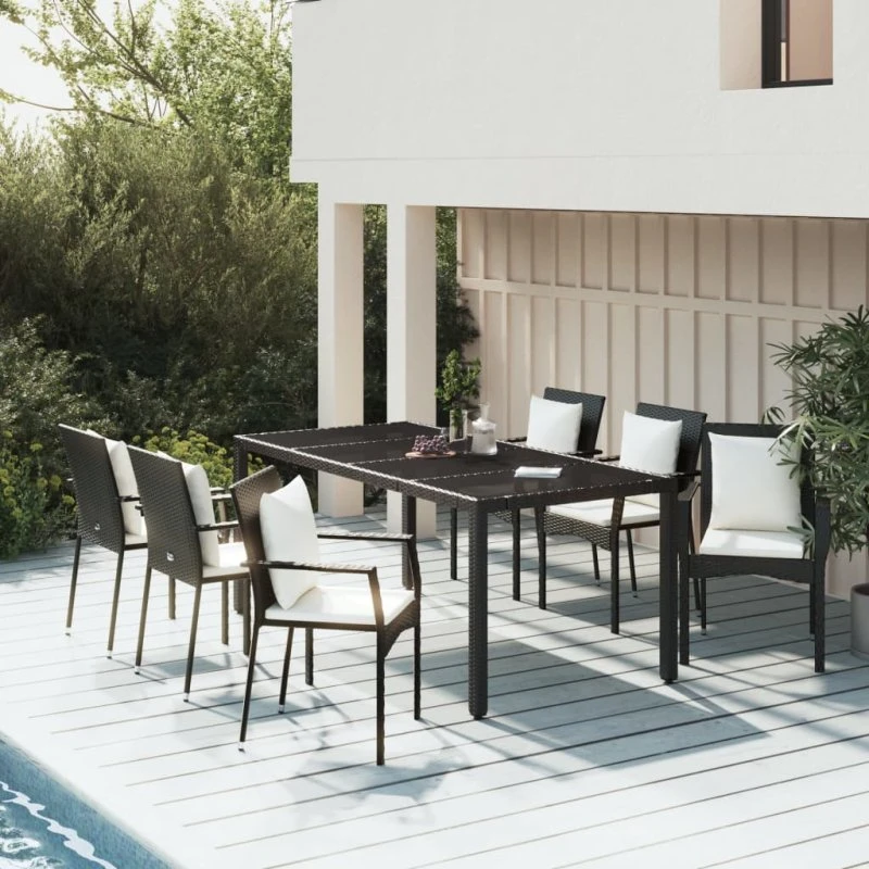 Haven 7-deles spisebordssæt med hynder i grå polyrattan, 90 cm