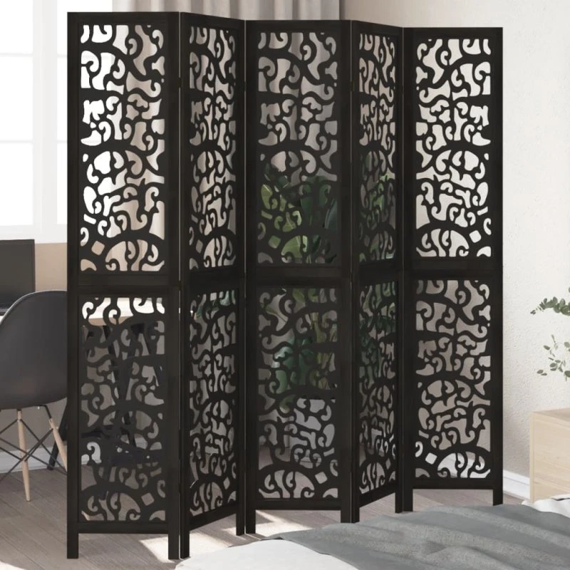 vidaXL 5-paneler rumdeler i massivt kejsertræ, sort, 200 cm