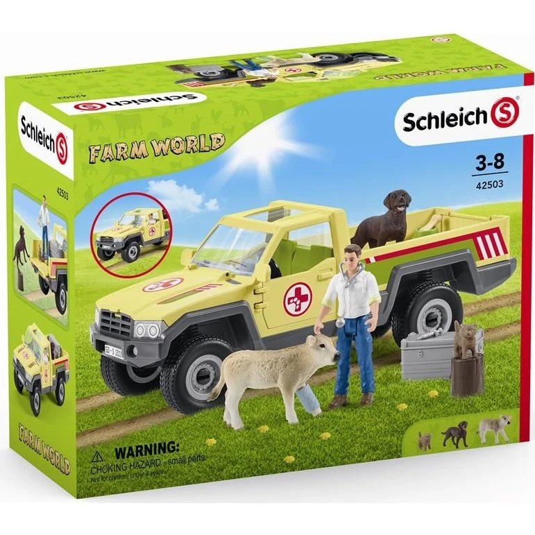 Schleich Dyrlægebesøg på Gården - Legesæt med kalv, truck og hund