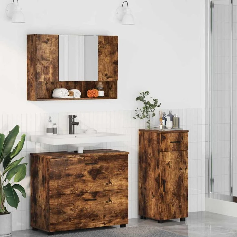 vidaXL Badeværelsesmøbel sæt 3 pcs røget eg, 76,5 x 35 x 64 cm
