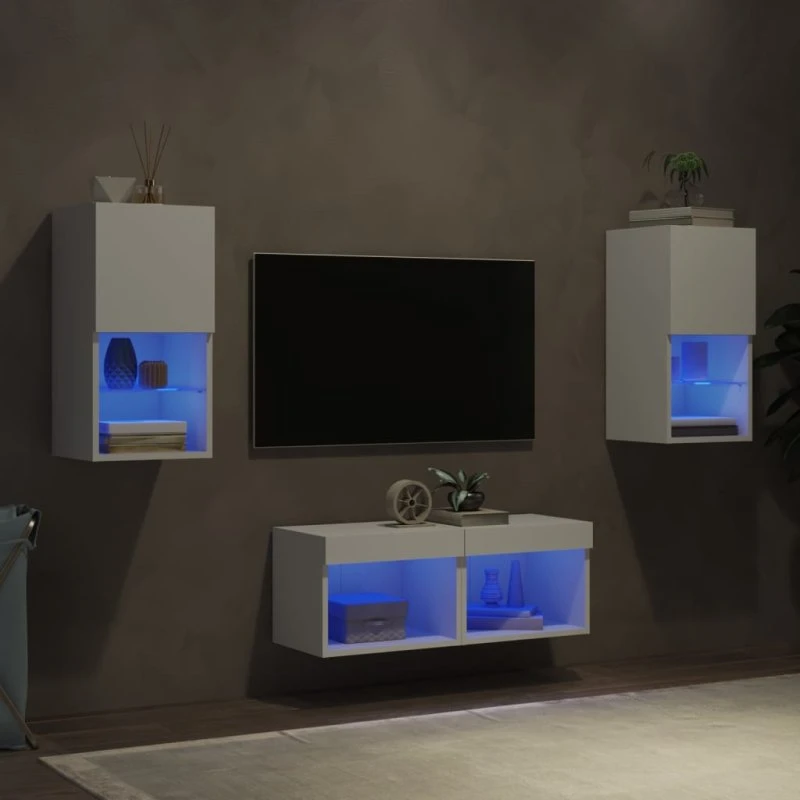 vidaXL tv-møbel til væg med LED-lys, hvid, 4 dele, konstrueret træ