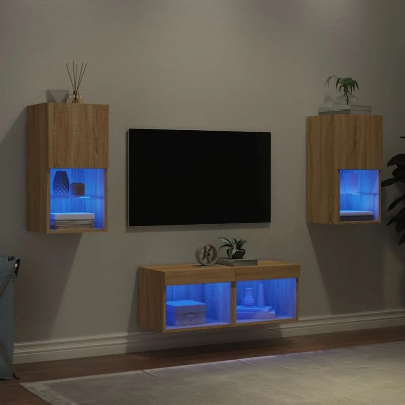 vidaXL tv-møbel til væg med LED-lys 4 dele grå sonoma-eg