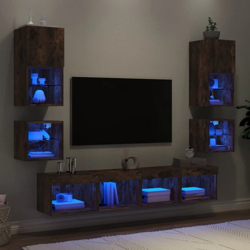 vidaXL Væg-TV-møbel 8 dele røget eg med LED-lys