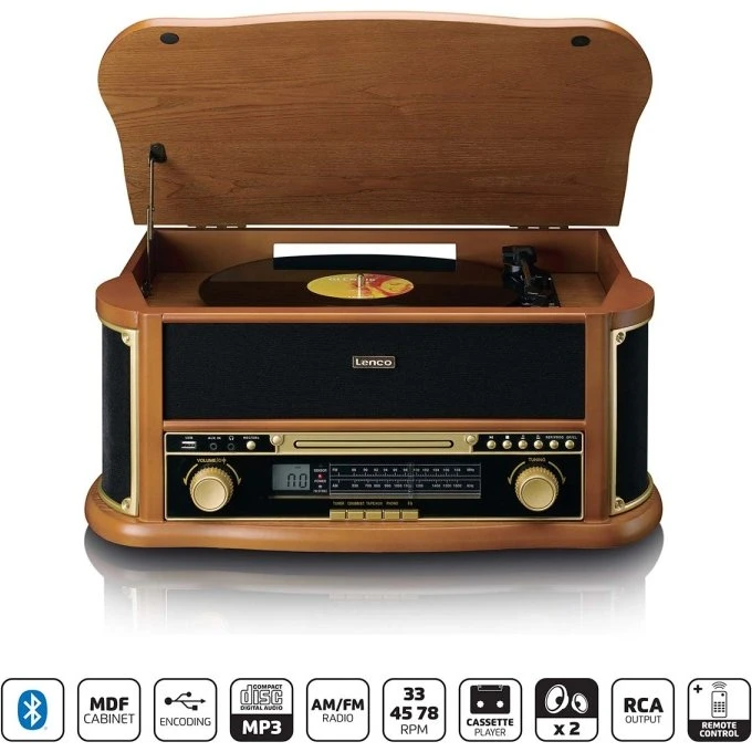 Lenco TCD-2551WD Retro-pladespiller i træ med Bluetooth, radio, CD & kassette