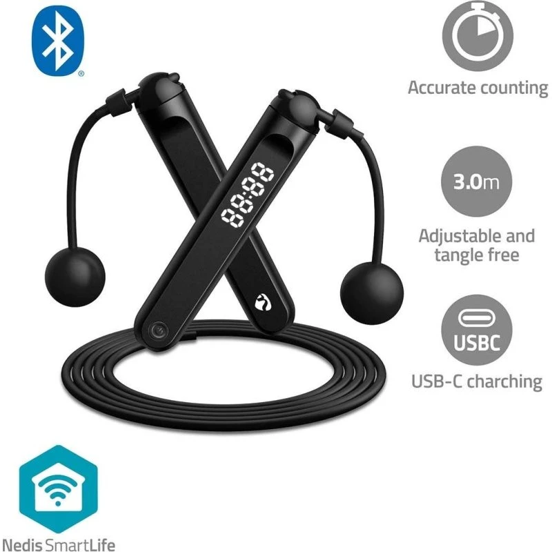Nedis SmartLife Udendørs Sport Sjippetov | Bluetooth | Dual Hall-sensor | LED | 3,00 m | Sort