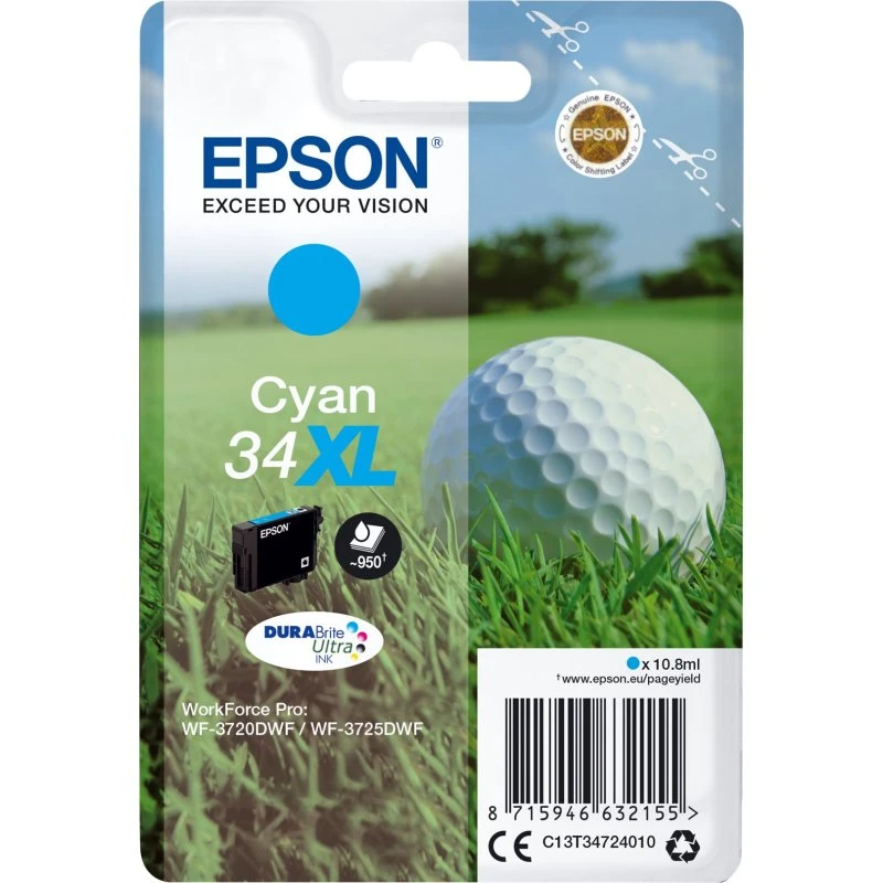 Epson 34XL Cyan Blækpatron – 10,8 ml, Original, til WorkForce Pro WF-3720