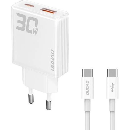Dudao A30EUT 30W GaN USB-A/C Vægoplader + USB-C til USB-C Kabel Hvid