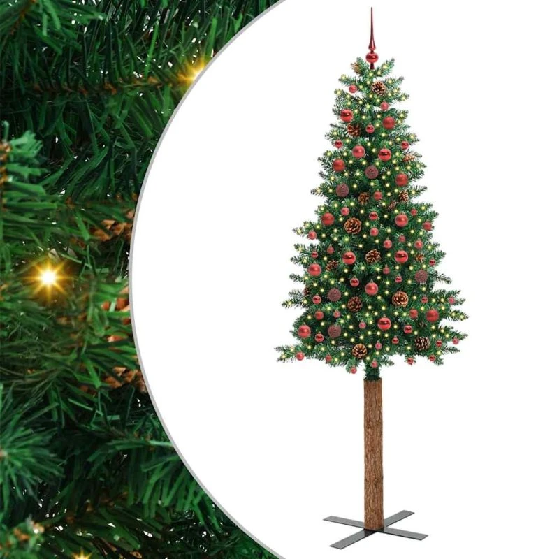 vidaXL Slankt Juletræ Grøn 210 cm med LED-lys og stativ