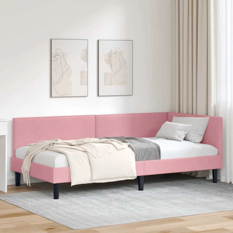 vidaXL Hjørnesengramme Lyserød 90x200 cm Fløjl & Krydsfiner