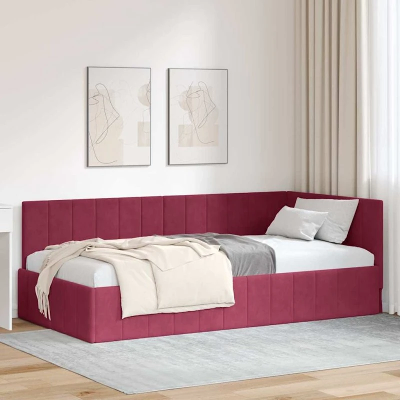 vidaXL Hjørnesengramme 90x200 cm Vinrød Fløjl med Hovedgærde
