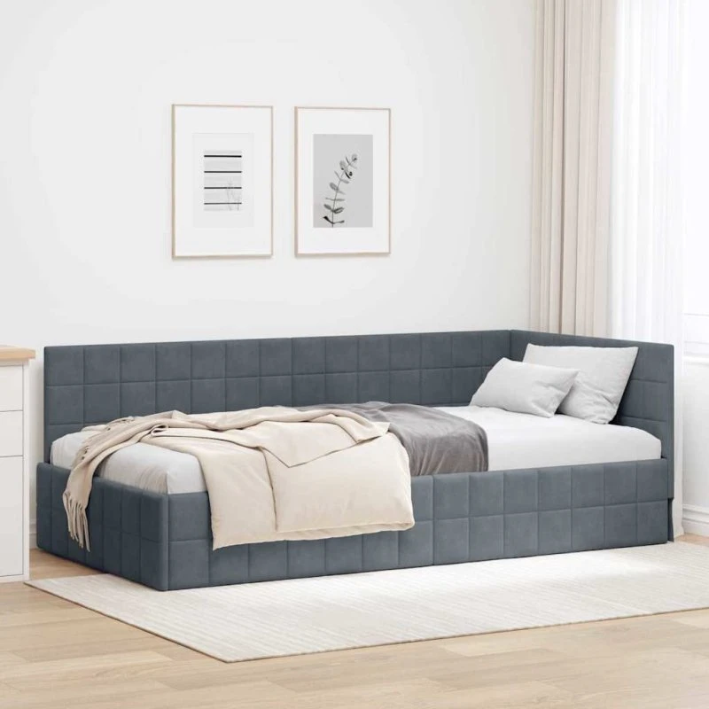 vidaXL Hjørnesengramme 90x190 cm Mørkegrå Fløjl med hovedgærde