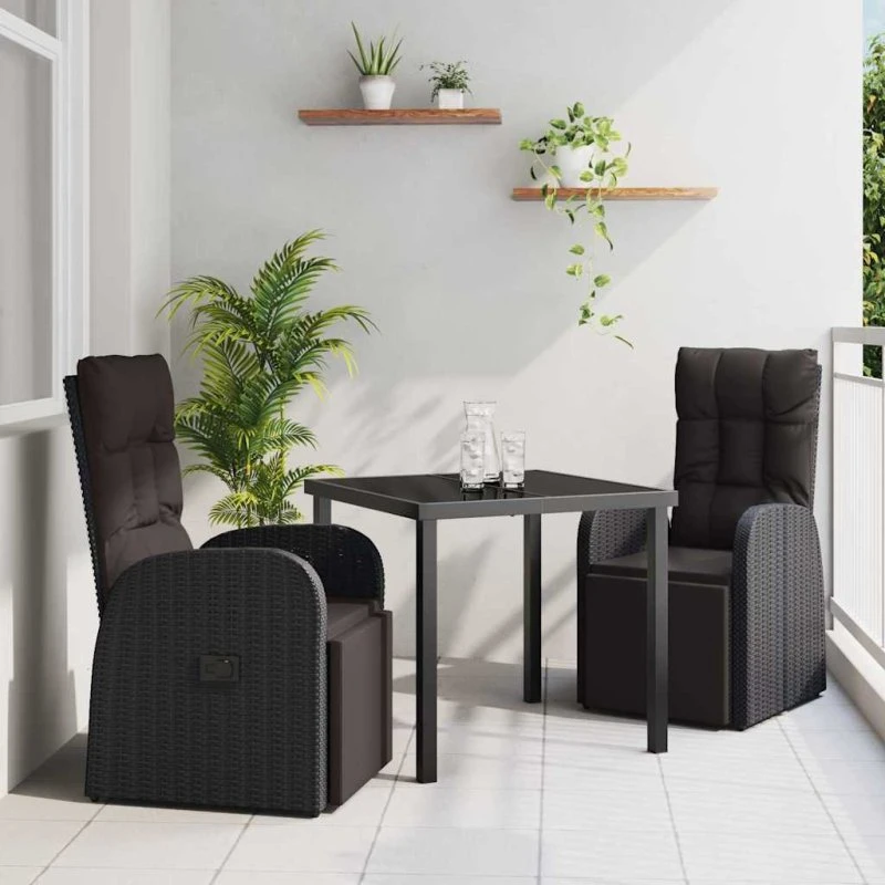 vidaXL Have Spisebordssæt 3 stk med pude, Sort polyrattan
