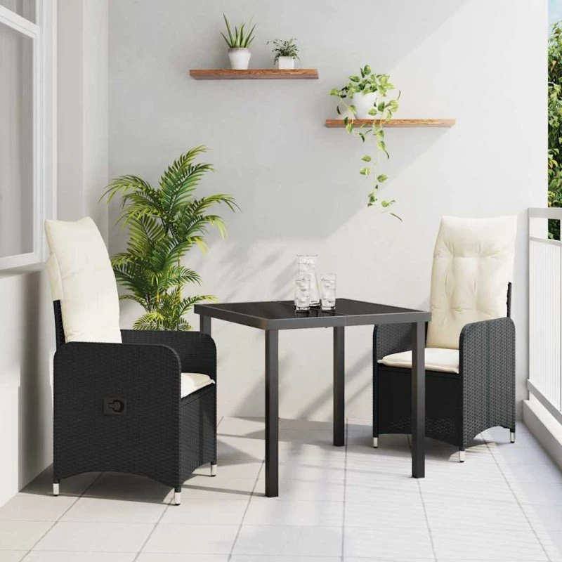 vidaXL Have Spisebordssæt 3 stk med pude, Sort polyrattan