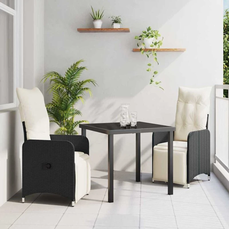 vidaXL Have Spisebordssæt 3 stk med pude, Sort polyrattan