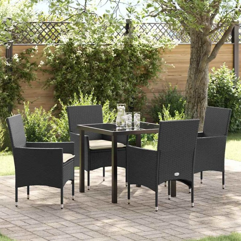 vidaXL Have Spisebordssæt 5 stk Sort Poly rattan med pude