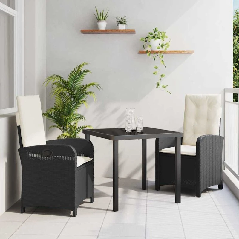 vidaXL Have Spisebordssæt 3 stk Sort polyrattan med pude