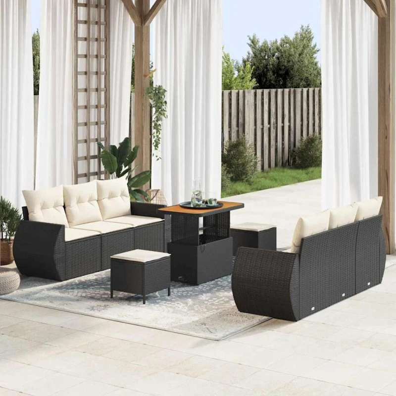 vidaXL Havesofa Sæt 9 stk Sort polyrattan med opbevaring